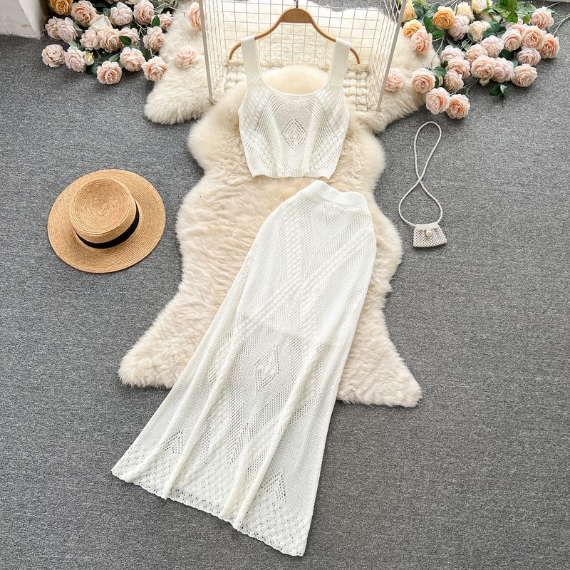 Women's Summer Cut Out Jacquard Camisole Knitting Suit