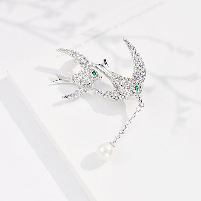 Swallow Brooch: Copper with Zircon and Pearl Pin