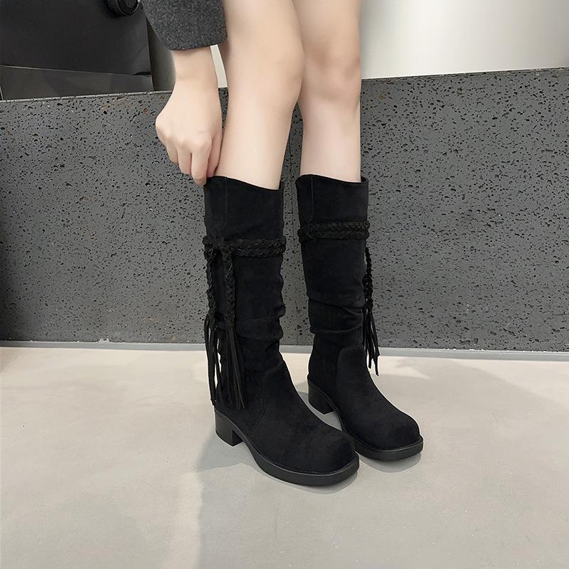 Retro Western Cowboy Boots Women's 2025 Spring and Autumn New Long Boots Thick-soled Heightening Versatile High Boots