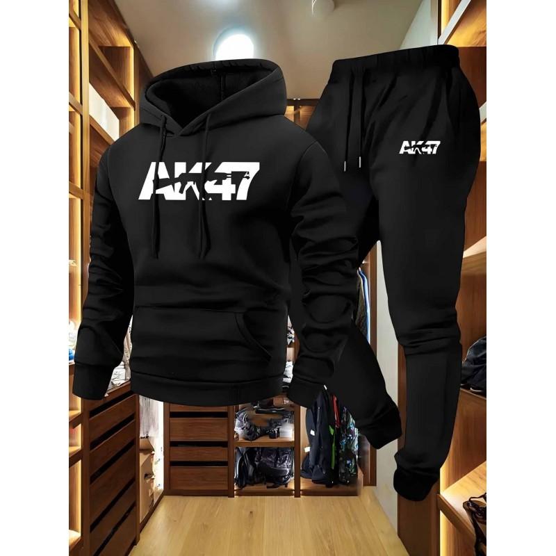 Mens Long Sleeve Hooded Sweatshirt Pants Set Letter AK Print Casual Sport Style Youth Fashion