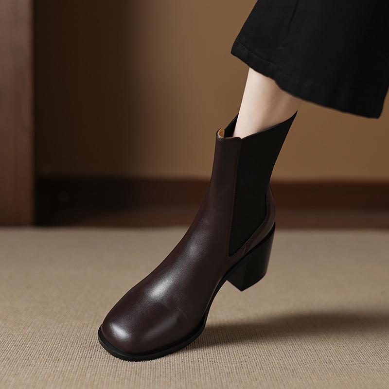 Fashion NEW Autumn Women Boots Square Toe Chunky Heel Shoes Genuine Leather Shoes for Women Short Modern Boots Daily Shoes Slip-on Boots