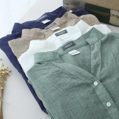 Women's Artistic Linen Sun Protection Shirt with 3/4 Sleeves & Stand-Up Collar - Loose Fit, Light, Cotton-Linen Blend