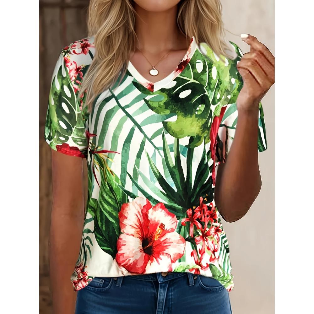 Camiseta mujer verano casual elegante simple cuello pico manga corta estampado floral top suelto ropa casual señoras camiseta