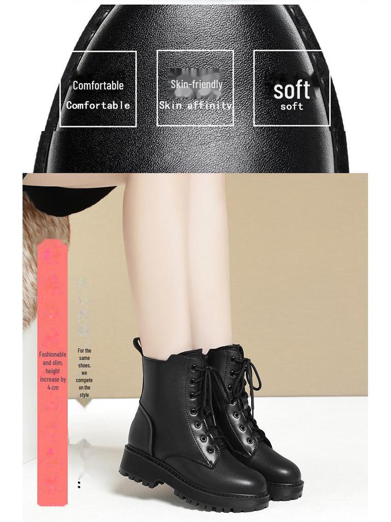 Botas Martin de Cuero Genuino para Mujer - Otoño/Invierno 2024, Tacón Bajo, Acolchado de Terciopelo, Suela Plana, Forrado de Algodón