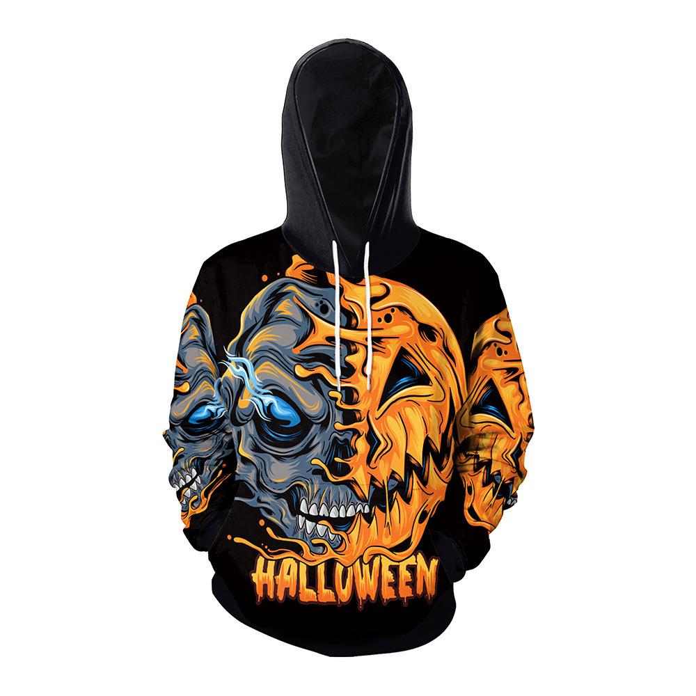 3D Digital Print Skull Hoodie with Long Sleeves, European & American Style, Pumpkin Halloween Design for Men