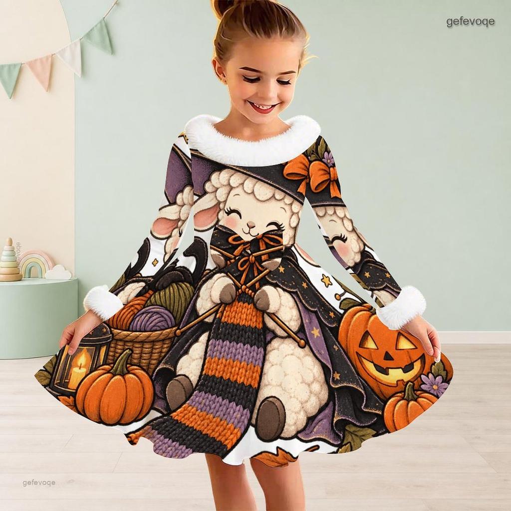 Girls High Neck Furry Trim Long Sleeve Halloween Tiger Printed A Line Flared Dress