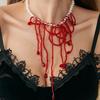 Halloween Crystal Blood-Dripping Fringe Necklace, Gothic Red Blood-Stained Imitation Pearl Beaded Necklace.