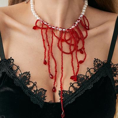 Collier à Franges Gouttes de Sang en Cristal pour Halloween, Collier Gothique à Perles Imitation Perle Taches de Sang Rouge.