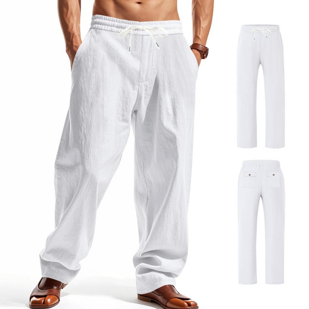 Linen Pants, Men's Casual Solid-color High Street Wide-leg Cargo Pants, Lace-up Work Pants With 4  Pockets