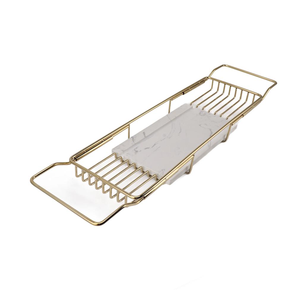 Suport metalic de marmură pentru cadă Antiderapant Economisire spațiu Multifuncțional Extensibil Tavă pentru cadă Cadou de casă nouă Auriu Alb