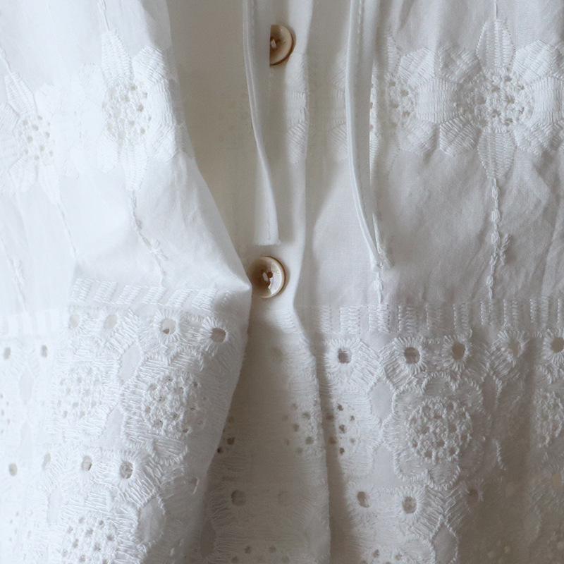 2025 Summer Korean Round Neck Tie-Up Embroidered Cutout Short Sleeve Women's Top