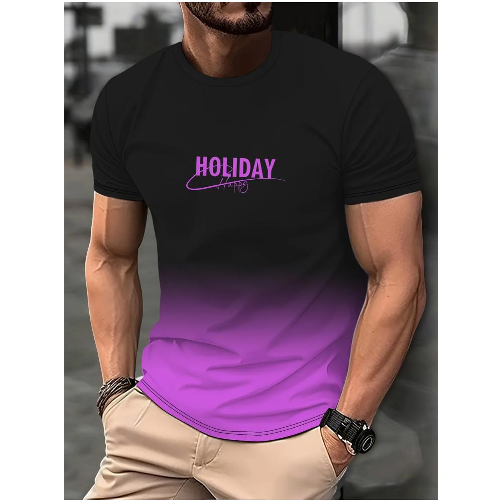 Fashion Men's Gradient Colour Letter 3D Printed T-Shirt Casual Short Sleeve Round Neck T Shirt Summer Outdoor Sports Tees Clothing