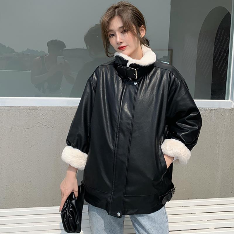 Leather Jacket Women's Velvet Thickening Autumn and Winter New PU Fur One-piece Korean Version Warm Loose Casual Motorcycle Jacket