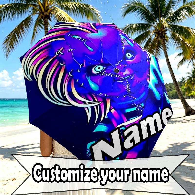 Custom Name Personalized Bride of Chucky Print Umbrella, Auto Open Close, 8‑Rib Sturdy Frame, Commute Camping Hiking Use, Birthday Gift