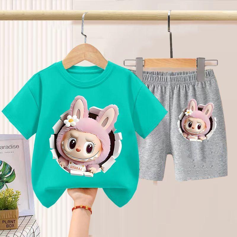 Children's LBB Short-sleeved Two-piece Set, Summer Boys' and Girls' Thin Pure Cotton T-shirt and Shorts Set