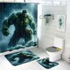Hulk Power Bathroom Set 4PCS! Angry Green Face Full Print Waterproof Shower Curtain with Mat, Marvel Avengers Decor Gifts