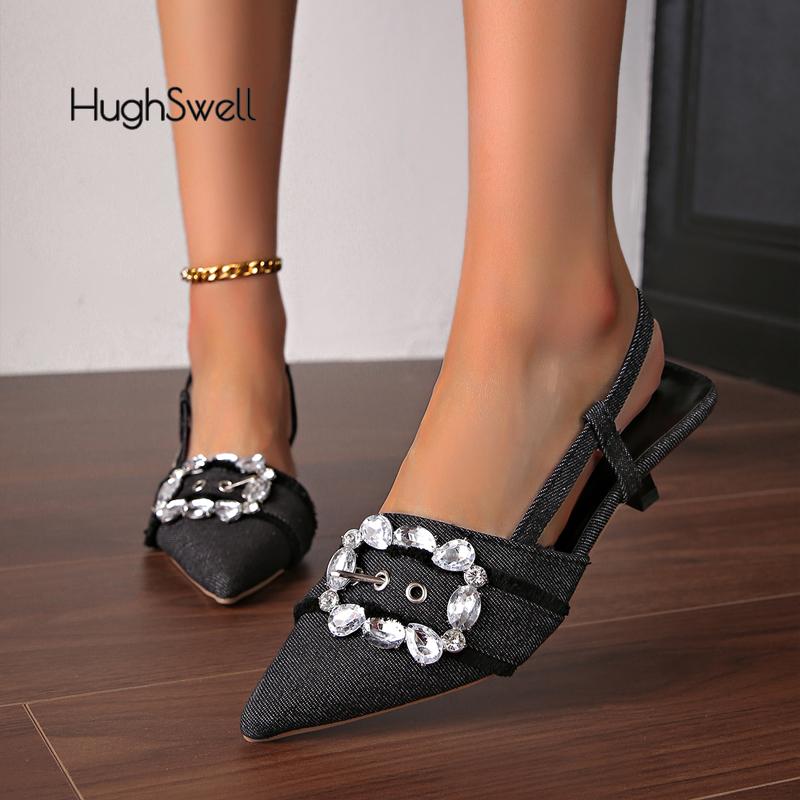 Fashion Luxury Crystal Square Buckle Slingback Sandals Woman Fashion Point Toe Kitten Heel Denim Pump Ladies Bling Rhinestone Party Shoe