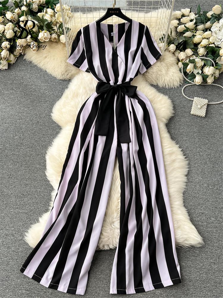Women Jumpsuits Fashion V Neck Lace Up Loose Wide Legs Pants  New Design OL Color Block Stripe Bodysuits