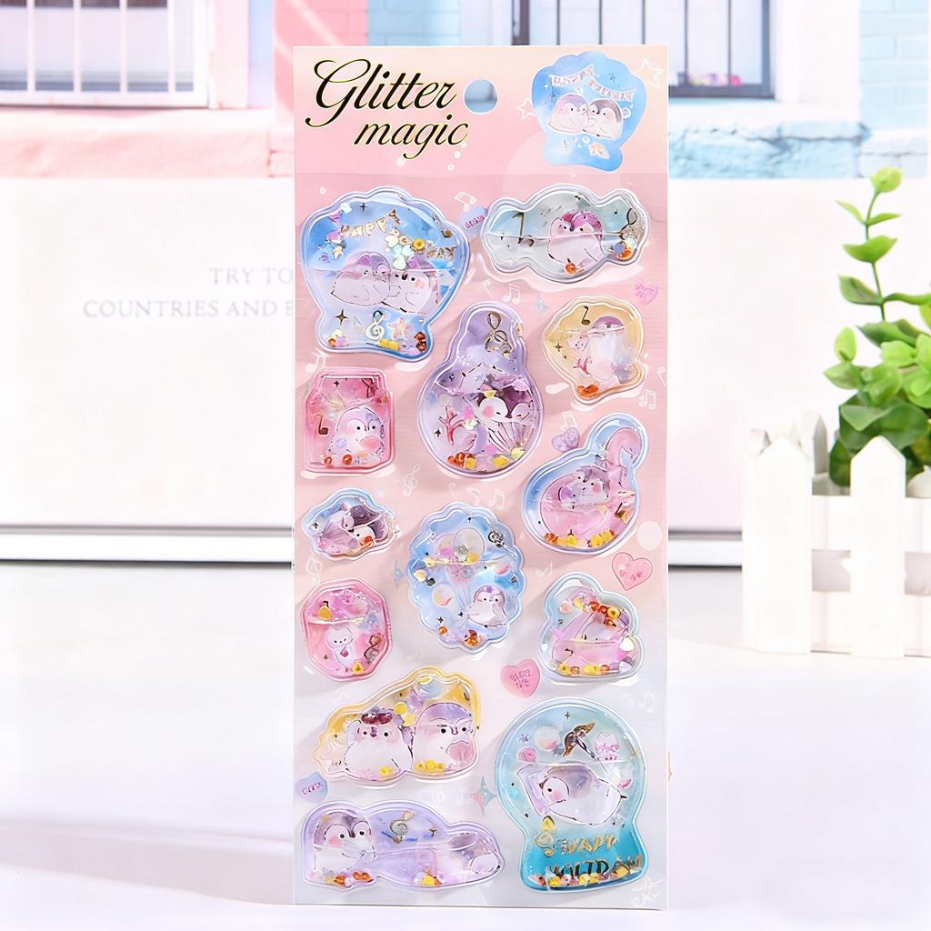 Mr. Paper 6-Style Cartoon 3D Shaker Stickers - Liquid-Filled Decals, Cute Journal Decor, Kindergarten Reward Stickers DIY Cups