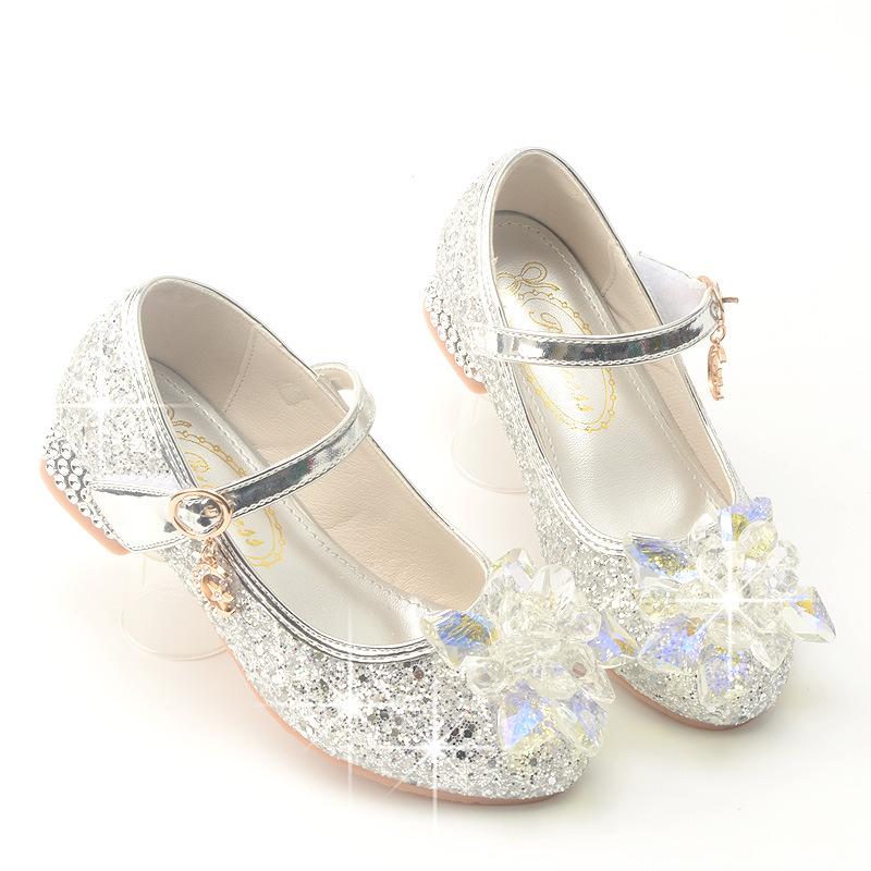 Children's High Heels Elsa Princess Shoes Spring and Autumn Girls' Crystal Shoes Soft Sole Single Shoes for Small, Medium, and Large Children silver