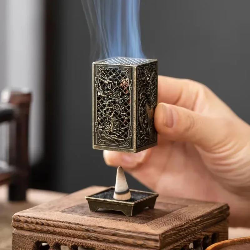 Vintage Carved Plum Incense Burner Square Vertical Alloy Incense Holder Buddhist Craft Chinese Antique Aromatherapy Zen Ornament