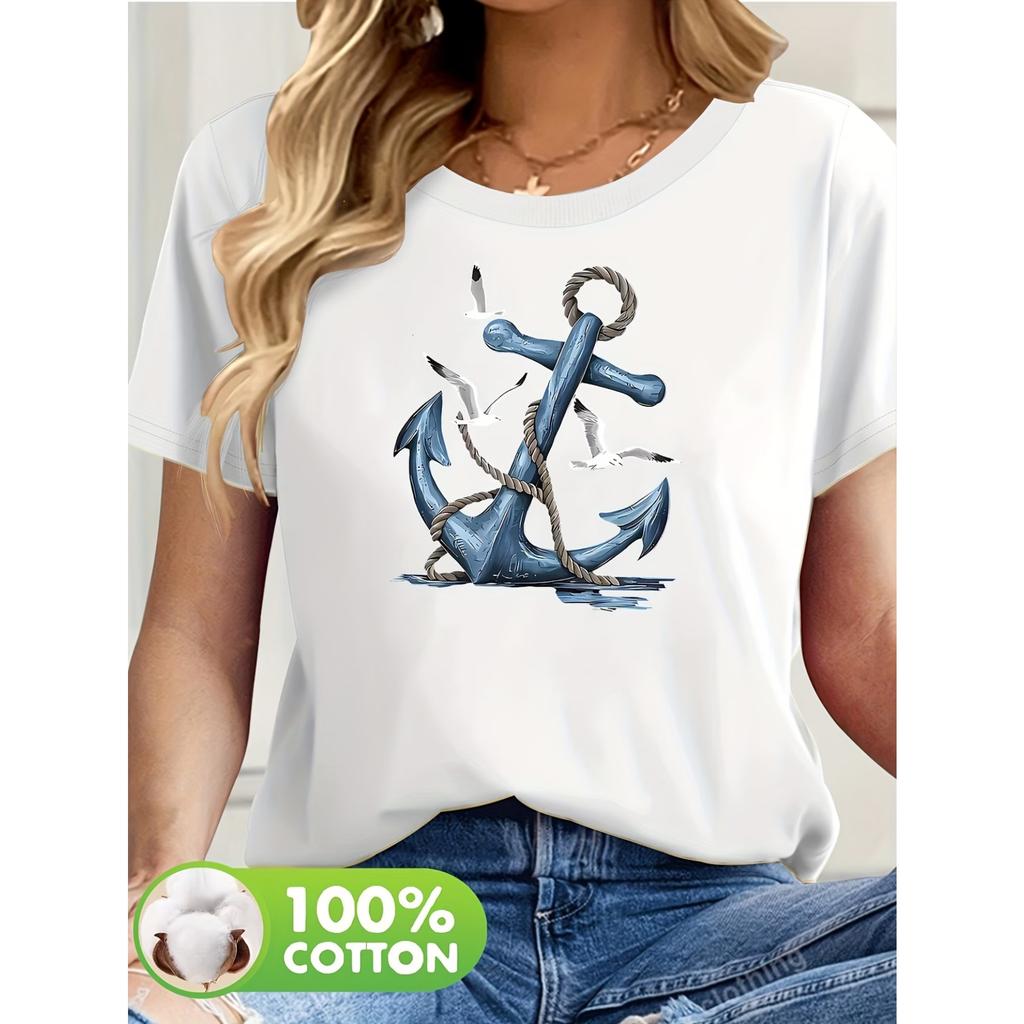 Schiffsmuster Print Damenbekleidung 100% Reines Kurzarm-T-Shirt