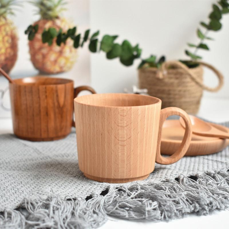 Wood Coffee Cups Elegant Handmade Wooden Mugs Eco-Friendly Wood Drinking Cup with Handle for Coffee Tea Water Juice Milk