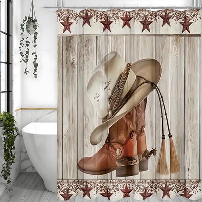 Western Cowboy Boots, Rustic Wooden Barn Door Shower Curtain, Bathroom Decorative Shower Curtain, Waterproof Shower Curtain with