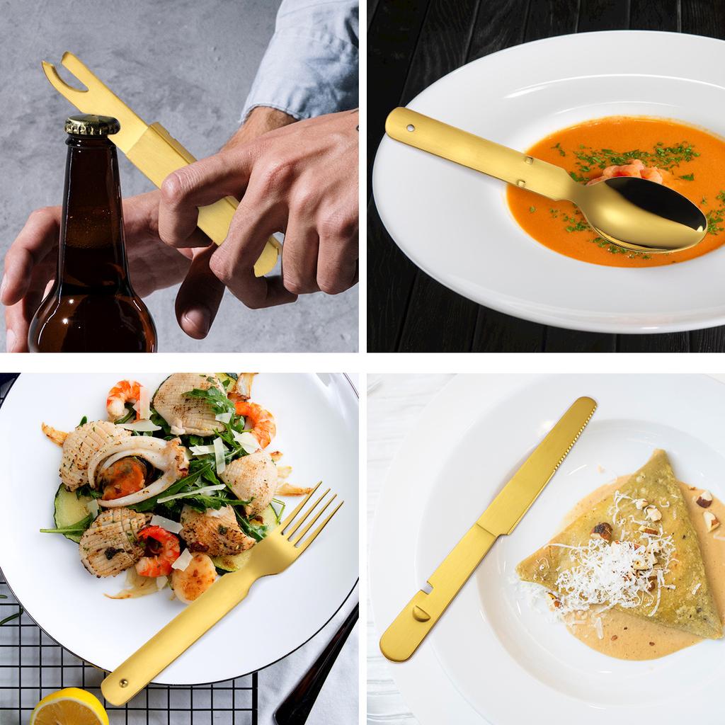 Stainless Steel Outdoor Tableware Set  Portable and Foldable Combination Western Food Knife Fork Spoon Multi-functional Bottle Opener for Travel