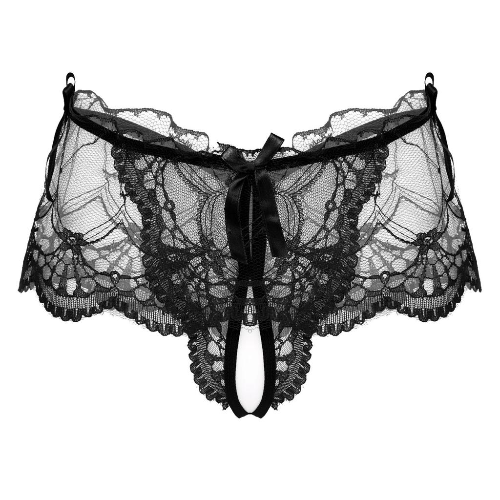 Mens Sissy Lace Panties Crotchless Underwear Lingerie Ladies Briefs Floral Briefs Bow Panties