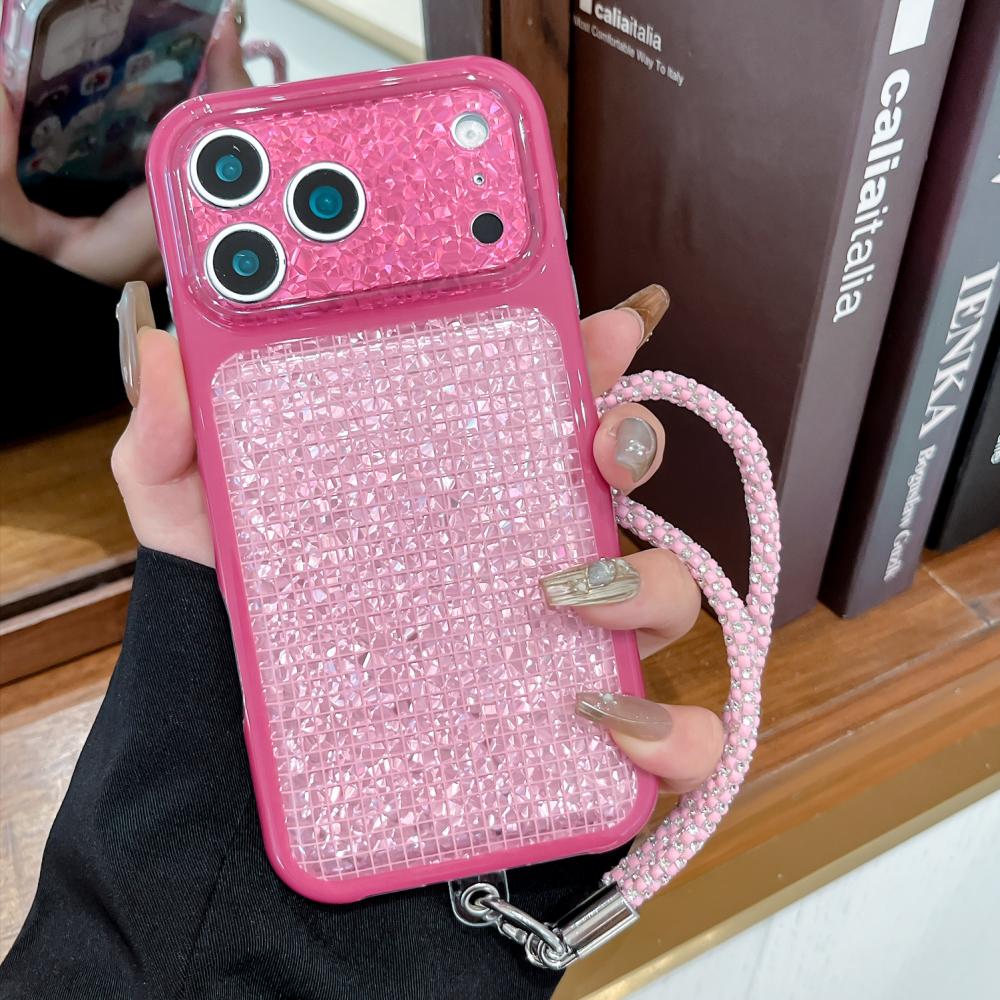 Glitter Diamond Grid Pattern Phone Case For iPhone 17 16 15 18 Pro Max Camera Protection Shockproof Anti-Fall Cover with Bracelet