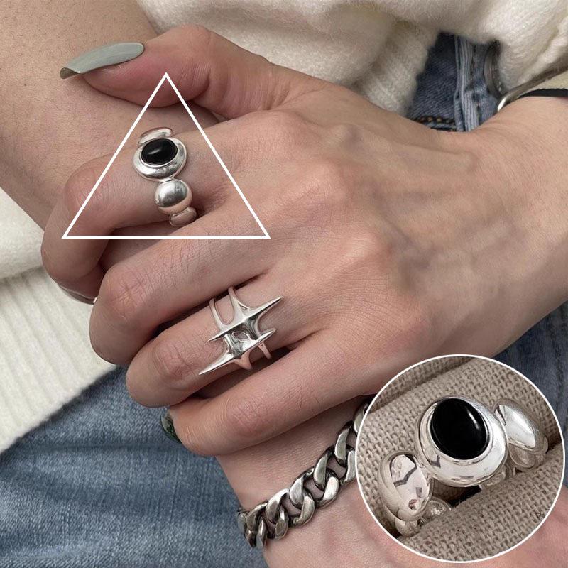 Anel Aberto Oval Preto Banhado a Prata S925 - Moda Hip Hop Punk Feminina, Acessório Empilhável para Dedo Indicador