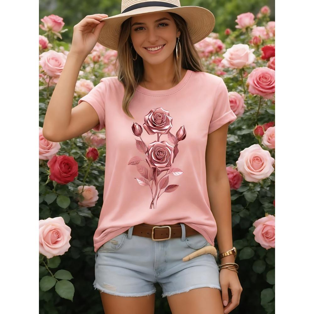 Fashion Women Rose Printed T-Shirt O-Neck Short Sleeve T-Shirt Simple Design Versatile Daily Wear Elegant Style Women Clothing