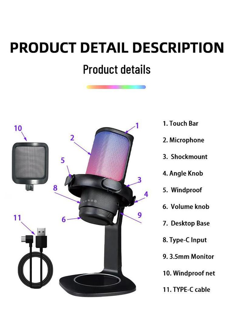 RGB USB Gaming Microphone with Pop Filter for Esports and Live Streaming
