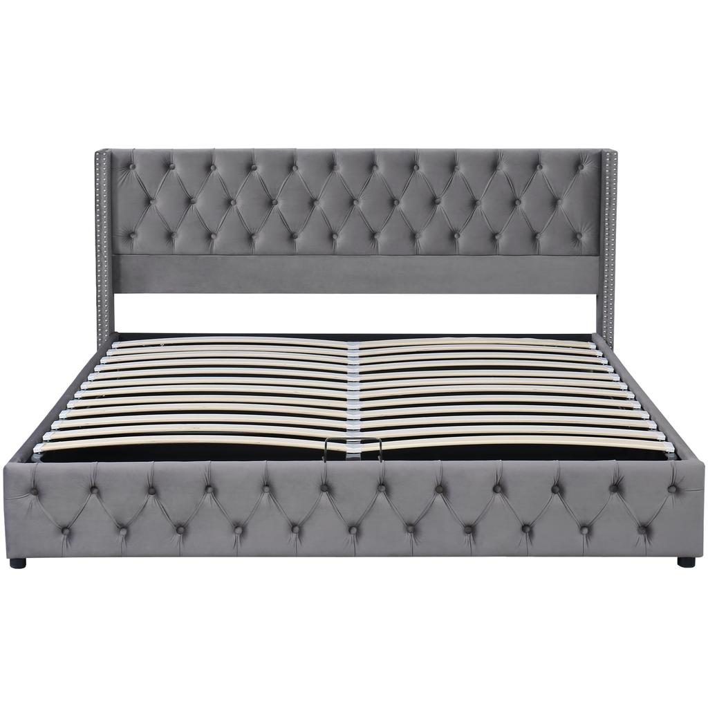 Pillow-Shaped Padded Bed, Double Row of Flannel Rivets, Sewn Buttonhole, 140*190 Double with Hydraulic Function, Black Waterproof Non-Woven Base, Grey