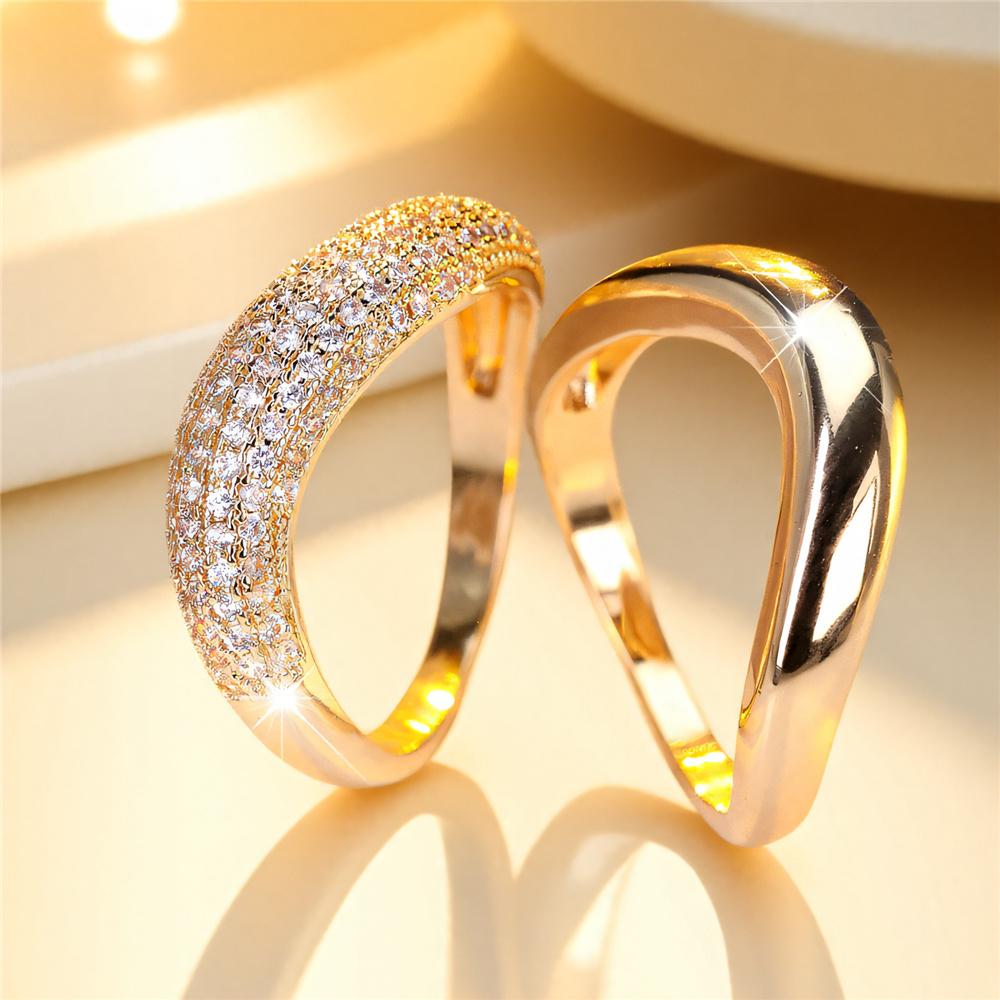 Female White Zircon Stone Engagement Ring Set Vintage Gold Color Bridal Wedding Bands Party Jewelry For Women