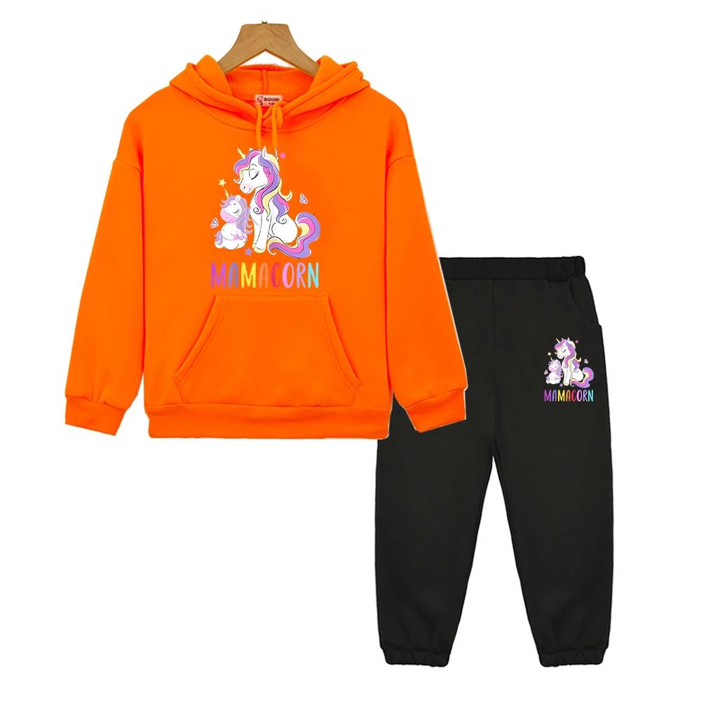 Unicorn Print Boys Girls Hooded Sets Kawaii Anime Hoodie Autumn Sweatshirt Fleece Pullover Cartoon 2PCS Jacket+Pants Kids Boutique Clothes