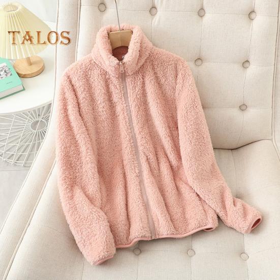 Women Winter Coat Thick Stand Collar Double-sided Fleece Neck Protection Zipper Closure Solid Color Long Sleeves Heat Retention Outdoor Jacket