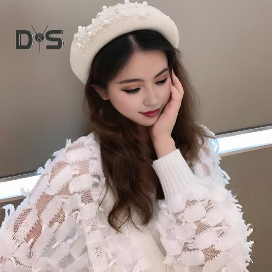 Baskenmütze für Damen, Kunstperlen, Strass-Dekor, Vintage-Wollmütze im englischen Stil, ohne Krempe, einfarbig, verstellbare Träger, Kürbismütze