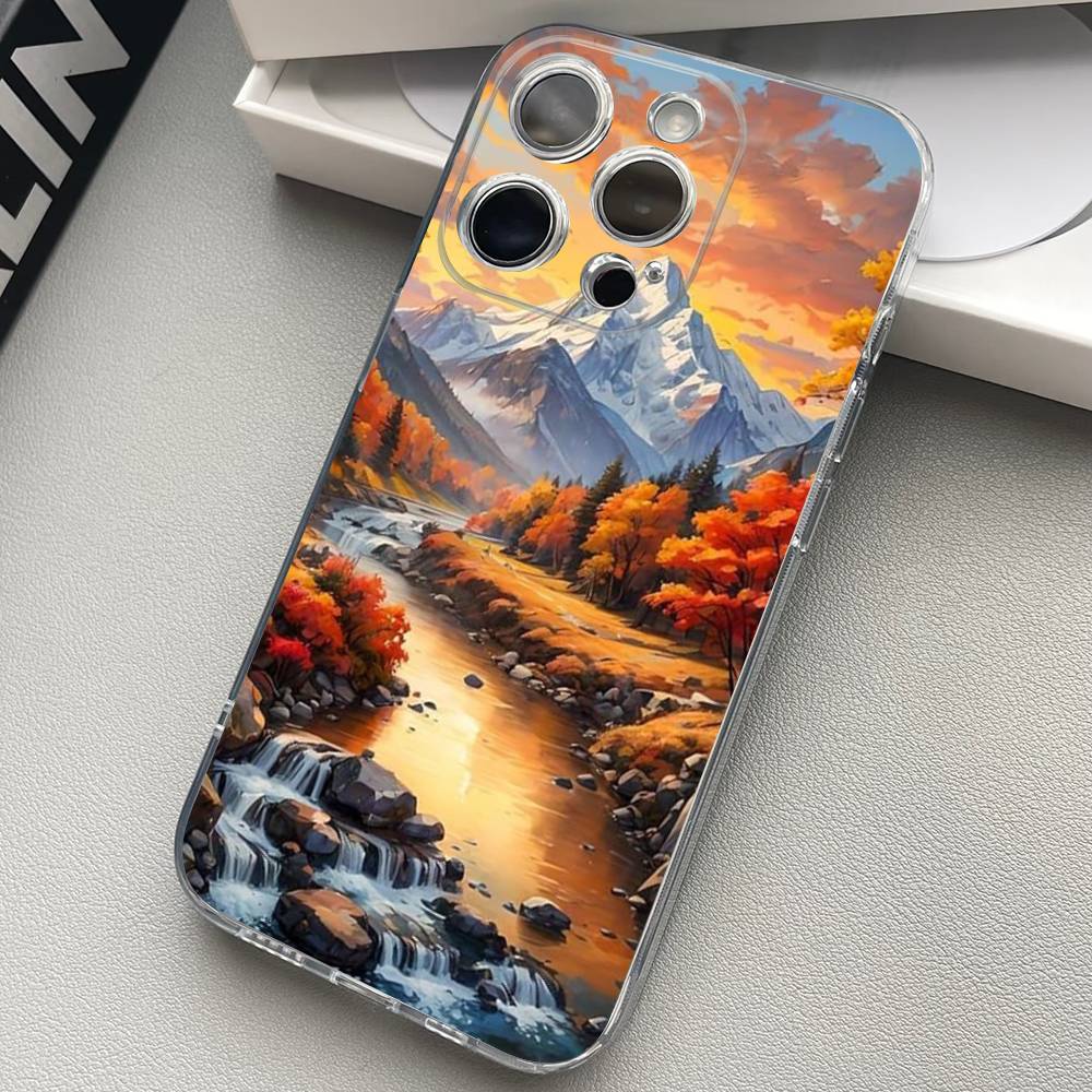 Landscape Painting Transparent Back Phone Case For iPhone 17 16 15 13 12 11 14 Pro Max Mini Plus Silicone Bumper