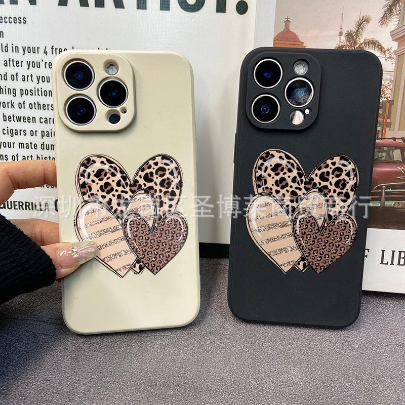 Leopard print love applies to iPhone15 mobile phone case 14PROMAX all-inclusive 13 anti-drop 16/15 protective case 17