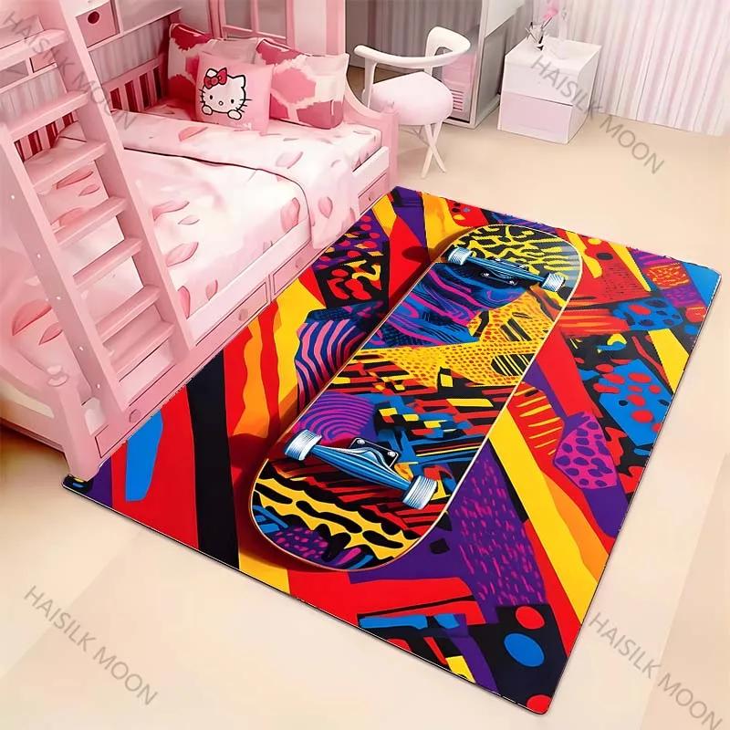 1 Stück Junge Mode Skateboard Print Bereichsteppich, Teppich für Zuhause Wohnzimmer Kinderzimmer Sofa Dekor, Kinder Spiel Rutschfeste Bodenmatte