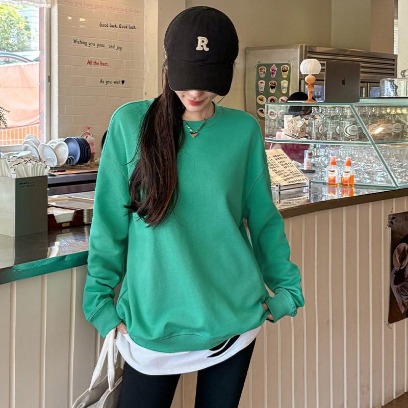 Damen Lockere Passform Rundhalsausschnitt Sweatshirt Langarm Einfarbig Lässiges Oberteil Herbst Winter