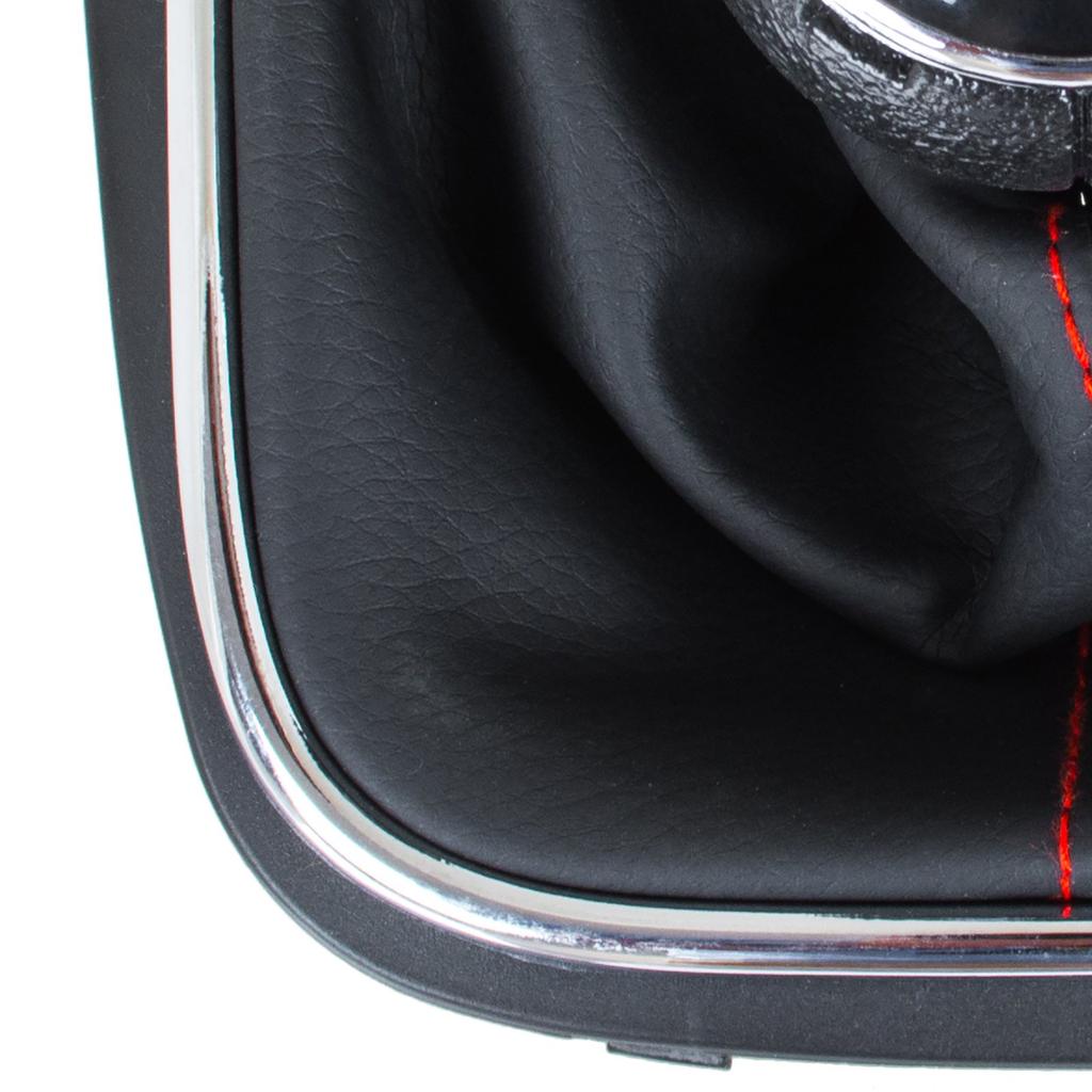 VW Golf V 03-08 Gear Shift Knob & Black Leather Gaiter with Red Stitching, Chrome Frame, 6-Speed