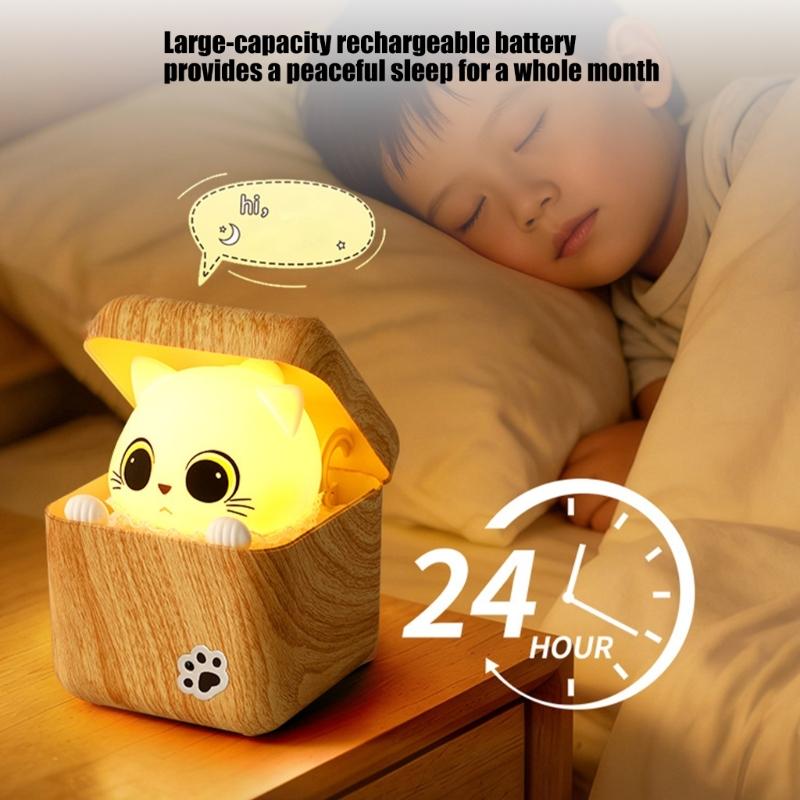 Intelligent Night Light with Shy Cats Design and Adjustable Brightness Eye Caring Bedside Lamp Suitable for Kids Room