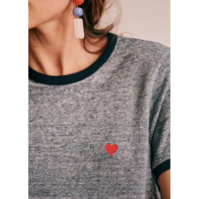 

[Discount Season] French Minority Retro Heart round Neck Loose Embroider Stripes Linen Short Sleeve T-shirt Top Figure M