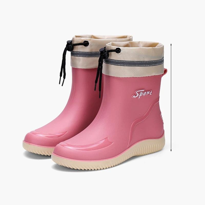 

Женские модные осенне-зимние непромокаемые нескользящие износостойкие резиновые сапоги на толстой подошве с промежуточной подошвой и шнурком 40 розовый