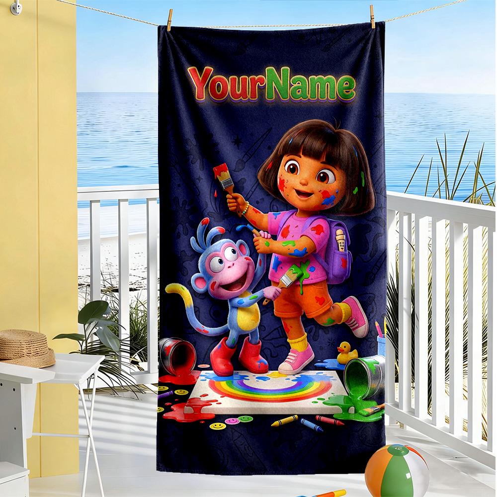 Dora Explorer Personalized Name Beach Towel Super Soft & Absorbent Ideal for Travel Outdoor Swim Pool Yoga Surf Camping Hiking Gym Gift Holiday