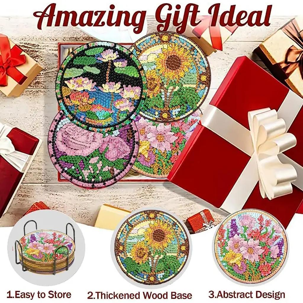 8-teiliges Set mit Blumen- und Pflanzenuntersetzern in Diamantmalerei mit Halter, DIY-Untersetzer für Anfänger und Erwachsene, Kunst- und Bastelbedarf als Geschenk