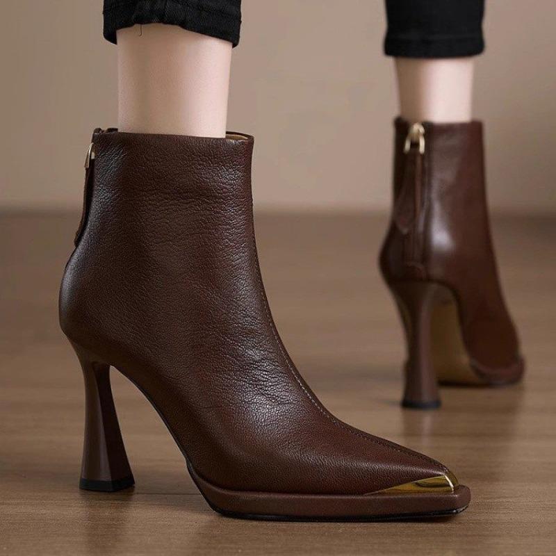 Fashion Fine Heel Single Boots Autumn New Metal Pointed Toe Rear Zip Anti-Slip Wear-Resistant High Heel Boots